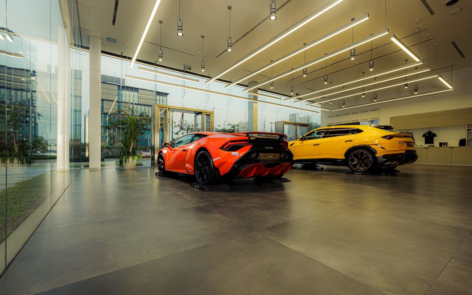 Luxury sports cars in showroom