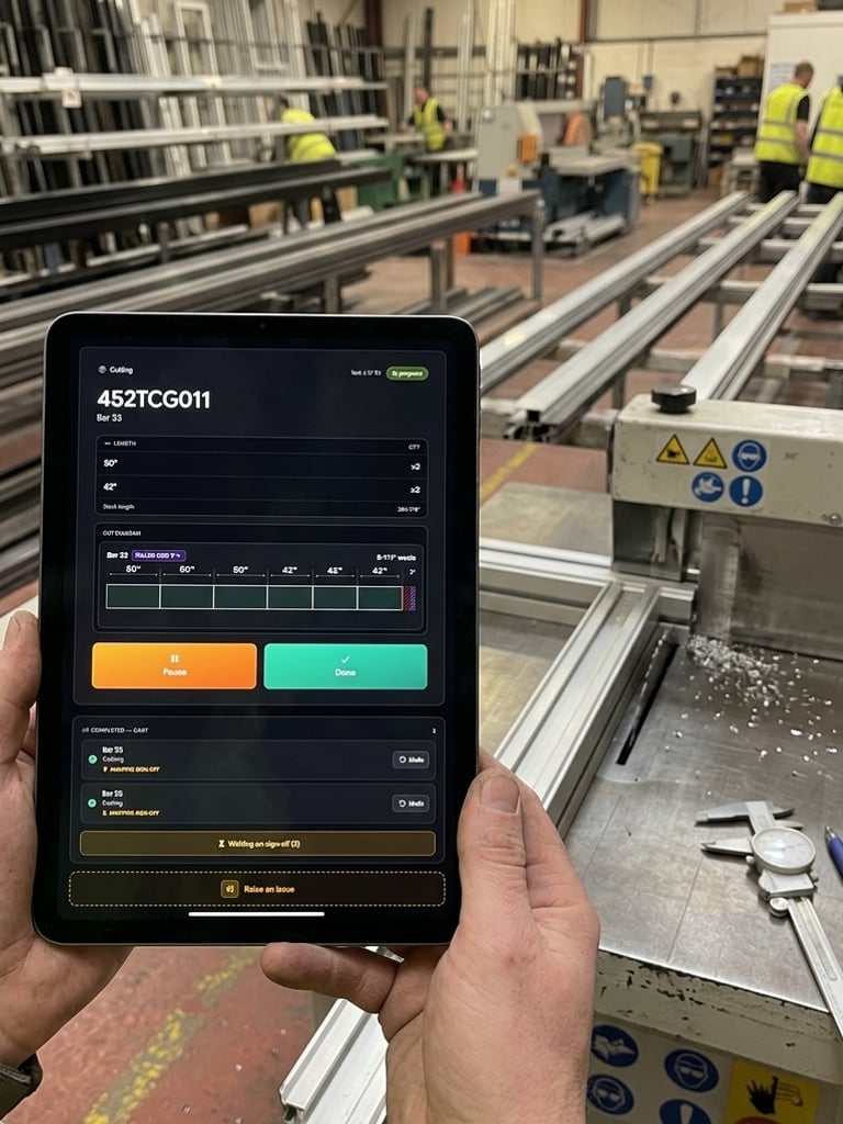 Operator holding a Jelly Flow tablet at a cut station, showing the Cutting task for bar 452TCG011 with Pause and Done controls